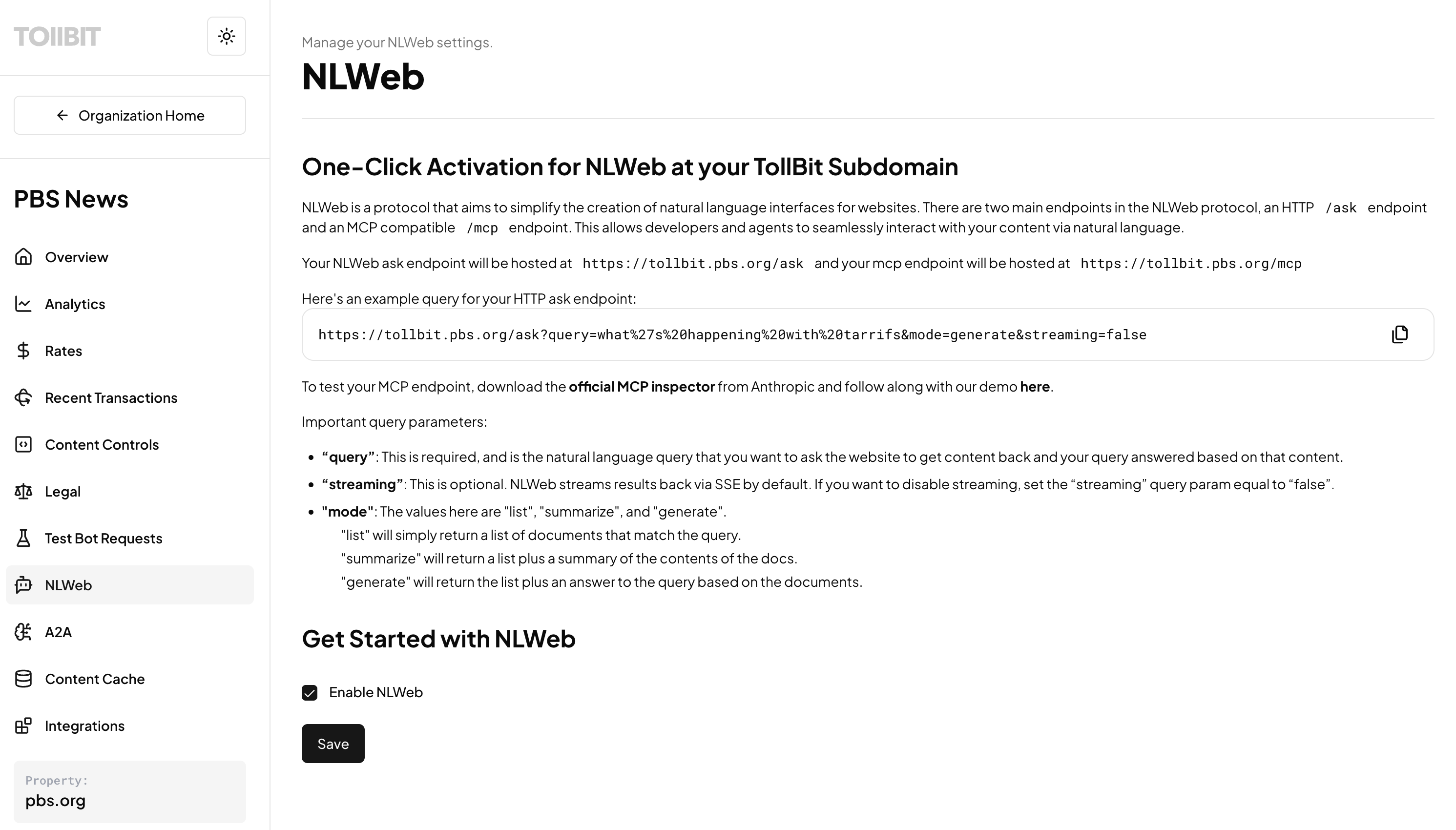 Enable NLWeb from your TollBit Dashboard
