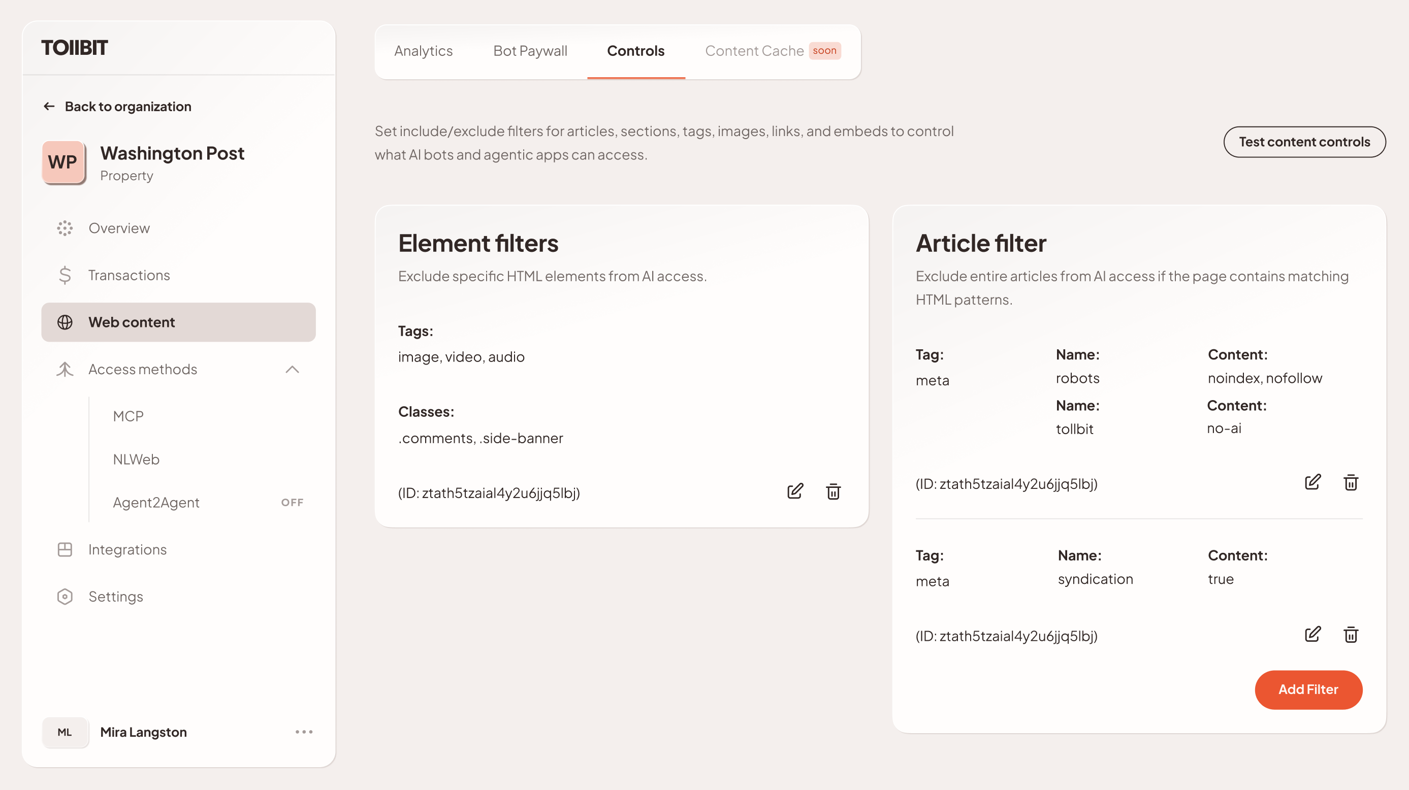 DOM Filtering Configuration